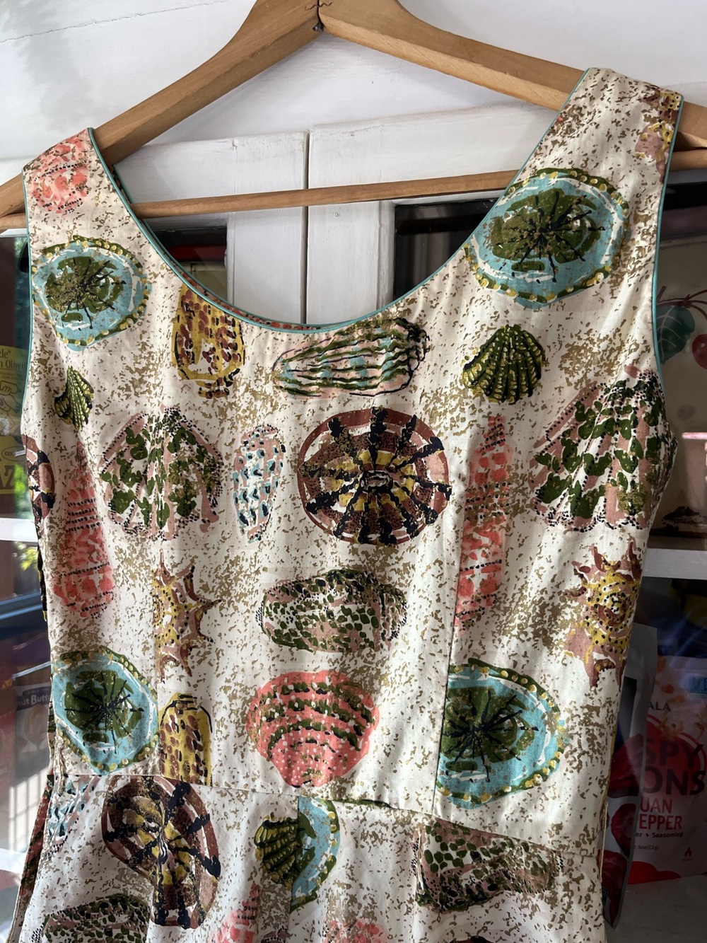 Vintage 50s 60s Kramer Mid Century Sea Shell Novelty Cotton Party Midi Dress S - Picture 12 of 16